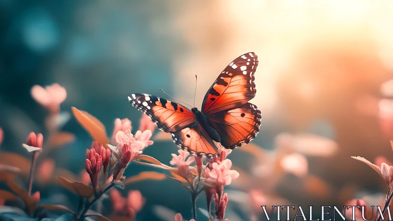 Monarch butterfly over pastel blossoms at golden sunrise.
