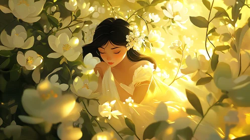 Young woman kneels in glowing flower garden with soft light