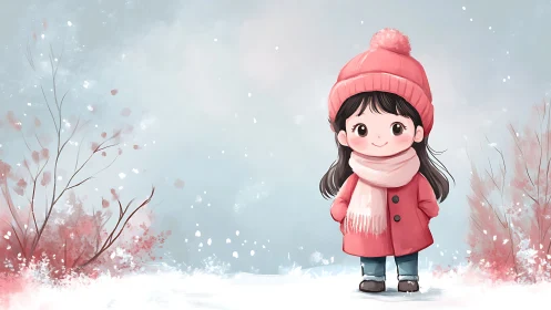 Cute winter girl illustration renders soft pastel snow scene