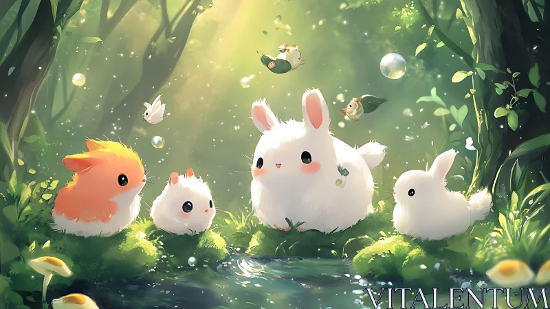 Fluffy forest creatures gather in a dreamy sunlit glade.