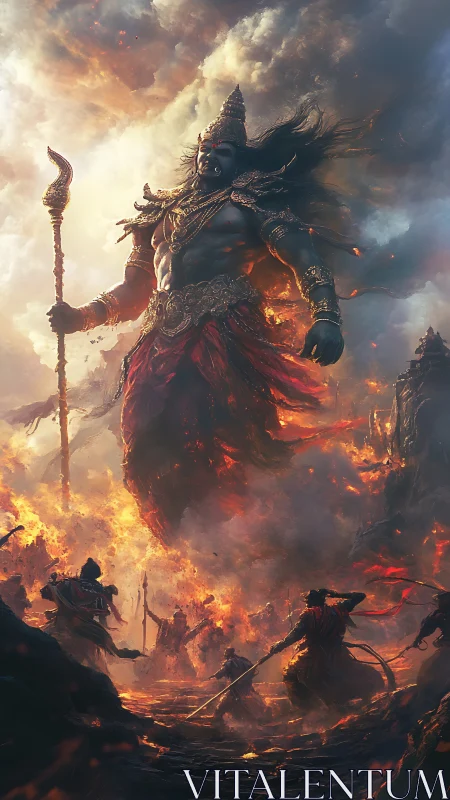Colossal war god strides through burning battlefield sky.