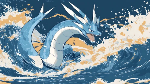 Serpentine sea creature traverses turbulent stylized waves