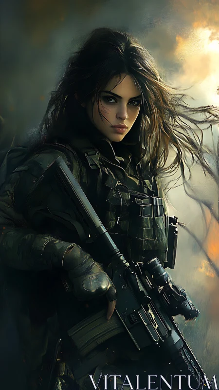 Storm-eyed sniper queen in burning battlefield dusk.