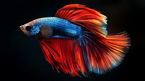Macro profile of betta fish with red flowing fins in motion