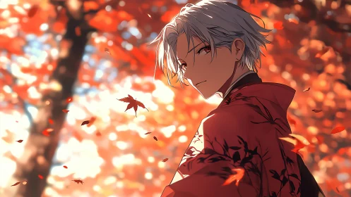 Silver-haired youth stands under blazing autumn maple light