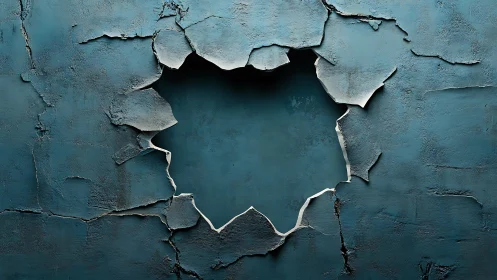 Cracked Blue Wall with Large Hole in Grunge Artistic Style.