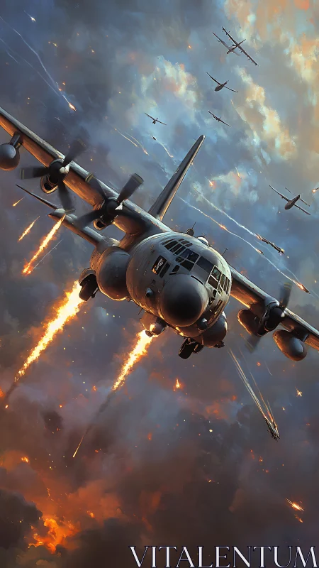 Military cargo aircraft executing flare deployment in active combat.