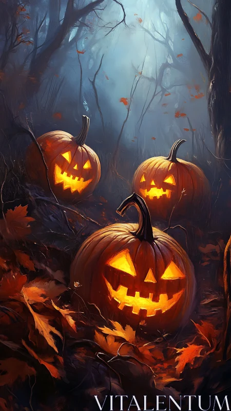Jack o&rsquo; lantern trio glows through misty haunted forest night.
