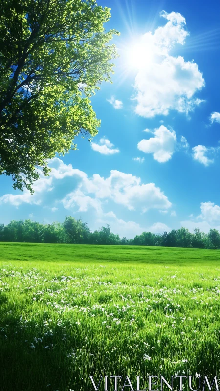 Sunlit meadow under vivid blue sky and blossoming tree.