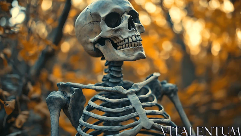 Human skeleton model stands in sharp focus before autumn trees