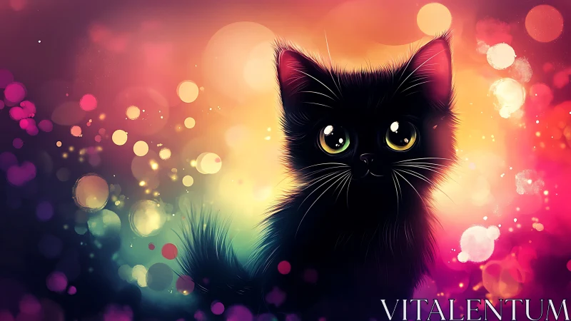 Luminescent Black Feline Portrait in Chromatic Bokeh Field.