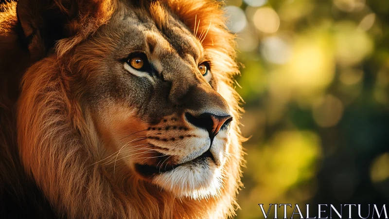 Golden sunlight gently crowns a thoughtful lion&rsquo;s calm face
