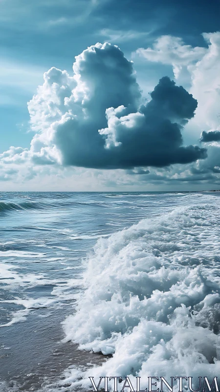 Towering sea clouds over foaming turquoise shoreline.