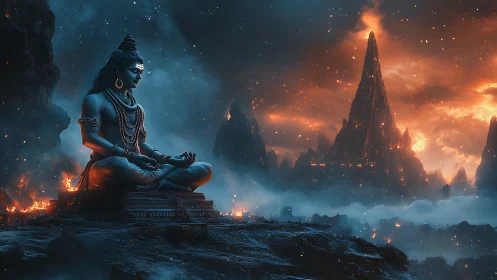 Serene blue deity meditating before a fiery mountain temple.
