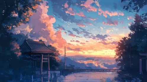 Sunset temple terrace overlooks a tranquil glowing city