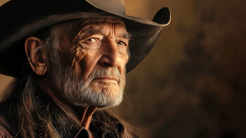 Elderly man in cowboy hat against warm neutral backdrop.