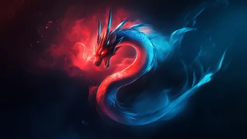 Bicolor spectral dragon coiled in luminous nebular smoke.