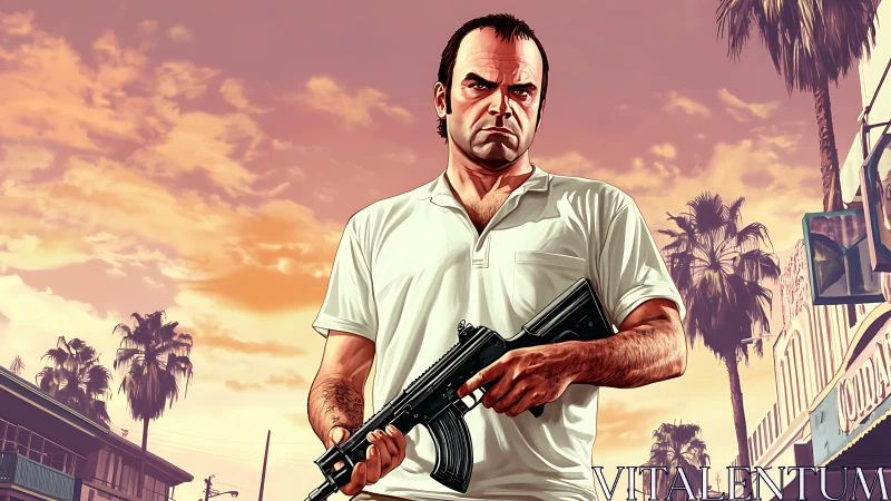 Armed male figure in stylized urban streetscape at sunset.