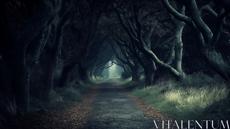 Twisted forest corridor leans inward to guard a misty exit