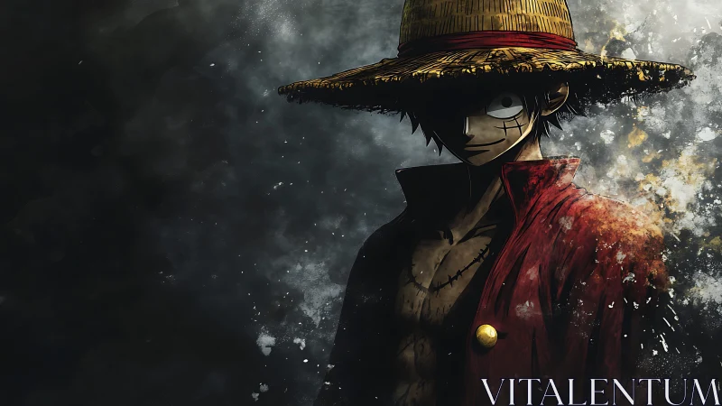 Straw hat anime figure stands in dramatic smoky lighting