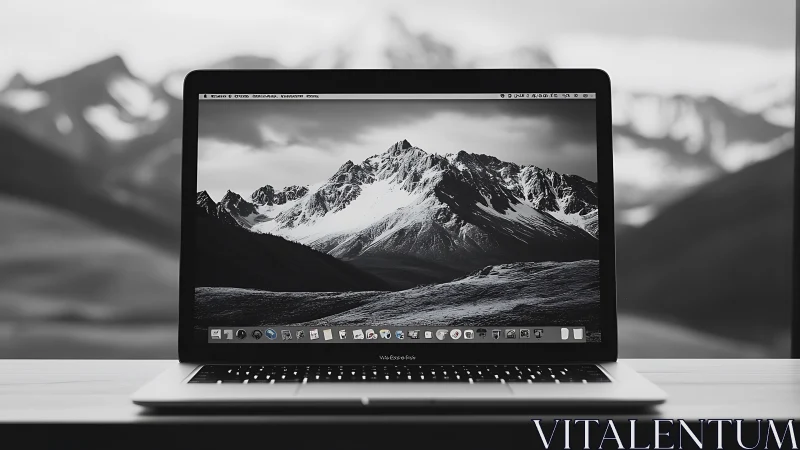 Laptop displays monochrome mountain landscape on desk.