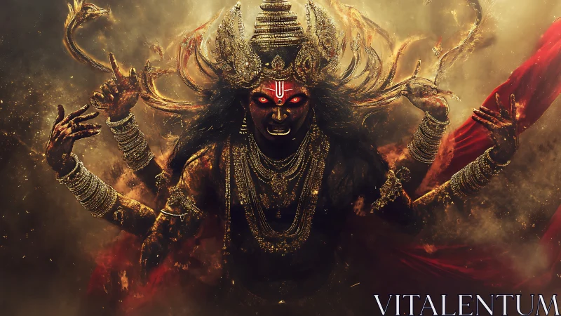 Fierce goddess erupts from swirling gold smoke and crimson winds