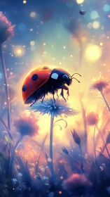 Ladybug rests on flower amid glowing bokeh field at dusk