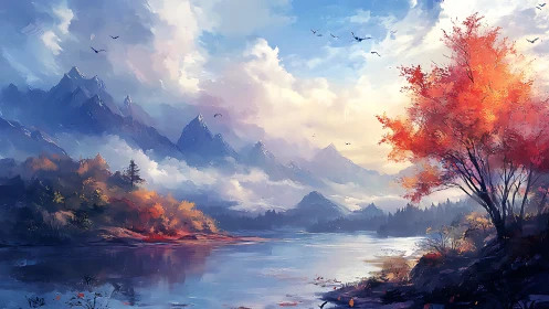 Mountain lake landscape depicts layered peaks and autumn trees
