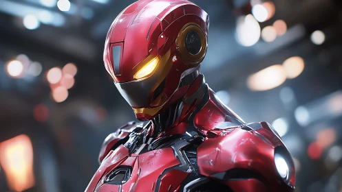 Red armored mech warrior with glowing golden visor