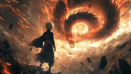 Fiery serpentine dragon confronts lone warrior in storming void