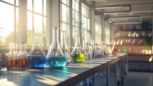 Sunlit laboratory glassware with vivid chemical solutions.