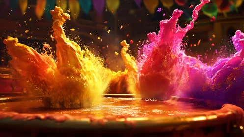 Colorful liquid splashes erupt from circular festival basin