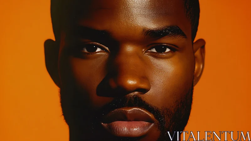 Sunlit stare against molten orange portrait backdrop.