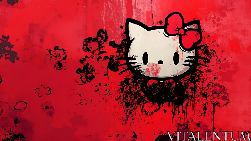 Iconic cat head emblem over distressed red splatter field.