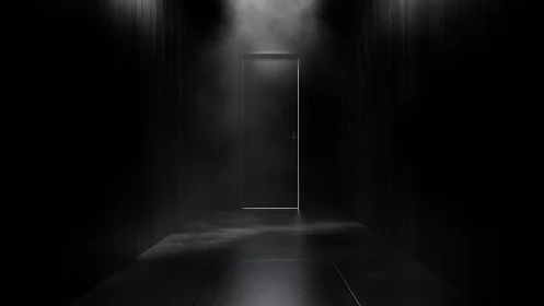 Minimalist dark corridor with central backlit door composition.