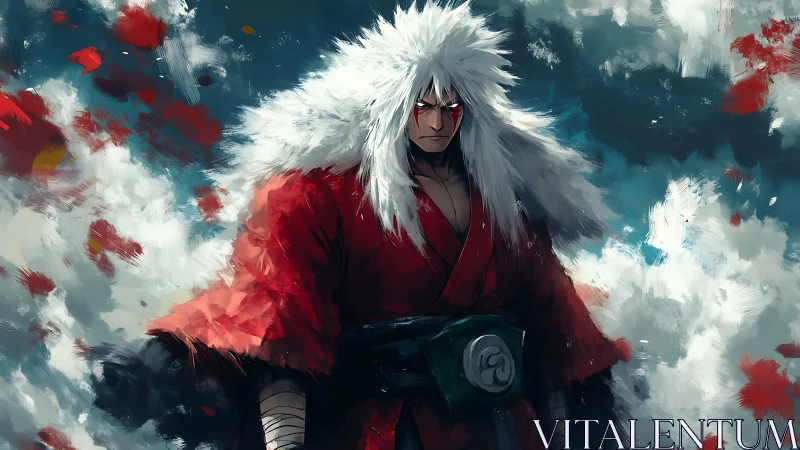 White haired warrior in red robe amid stormy abstract sky.