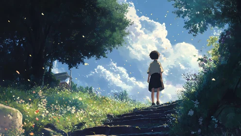 Solitary child on garden steps gazes toward luminous summer sky