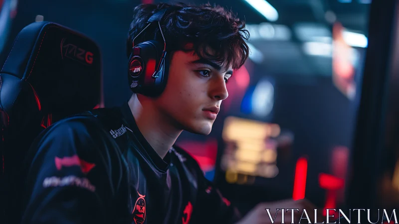 Focused esports gamer competes under neon arena lights