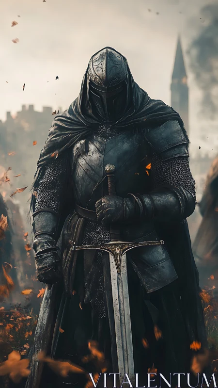 Armored dusk sentinel with weathered greatsword in emberscape.