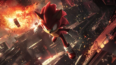 Red anthropomorphic hedgehog traverses collapsing cityscape