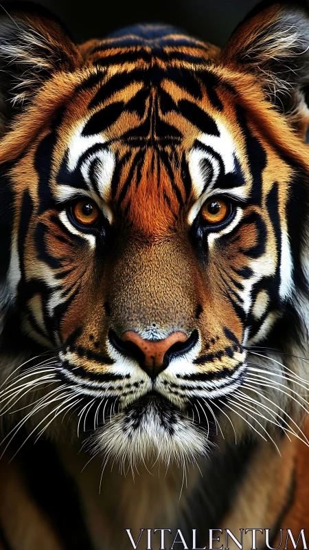 Photorealistic tiger portrait with symmetrical frontal composition.