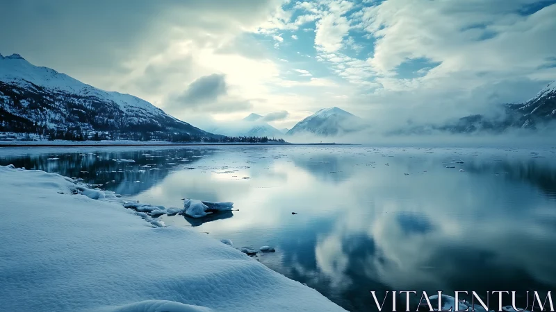Snow covered shoreline borders calm reflective mountain lake