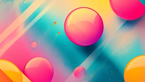 Playful neon bubbles drifting through a dreamy sunset sky.