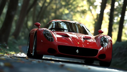 Red sports coupe is rendered on a forest road surface