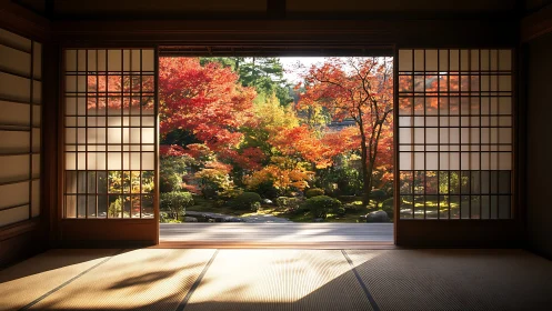 Traditional tatami room overlooking sunlit Japanese maple garden