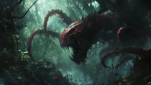 Haunting jungle leviathan curls through misty emerald shadows