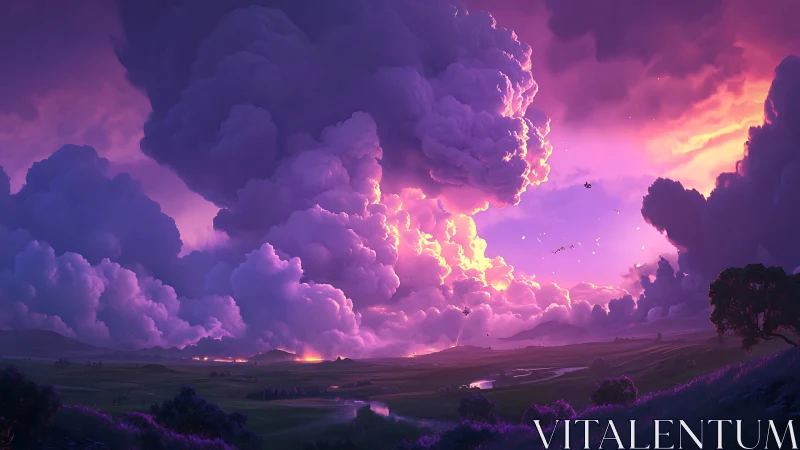 Volumetric storm clouds illuminated by saturated magenta sunset light