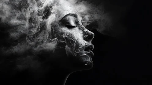 Smoke-sculpted profile merges flesh and vapor in void
