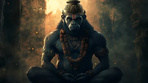 Mythic simian warrior meditates in molten temple glow.
