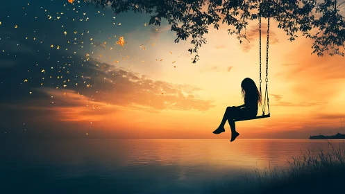 Girl on a lakeside swing drifting through sunset daydreams.